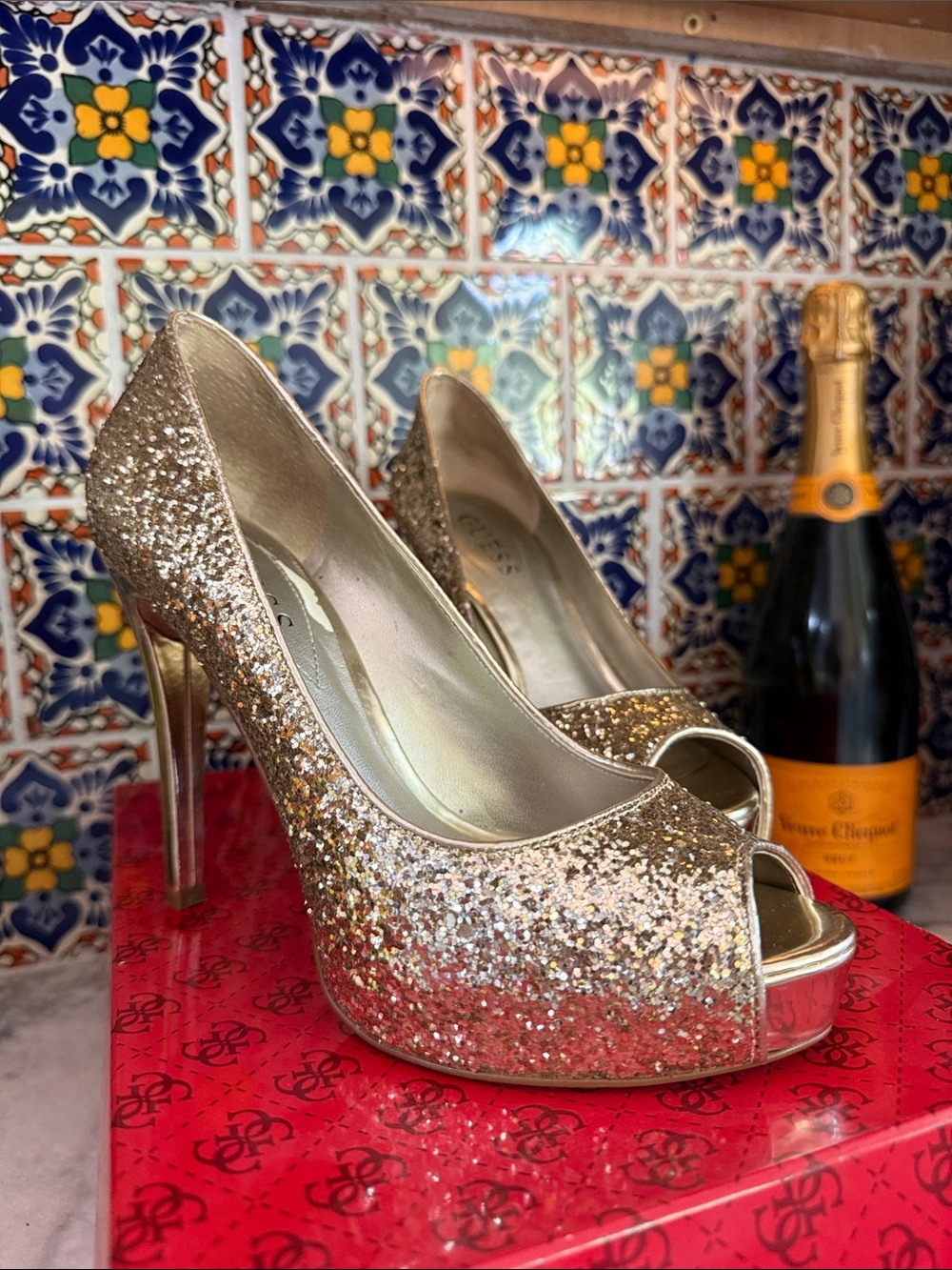Guess Gold Glitter Peep-Toe Stiletto Heels